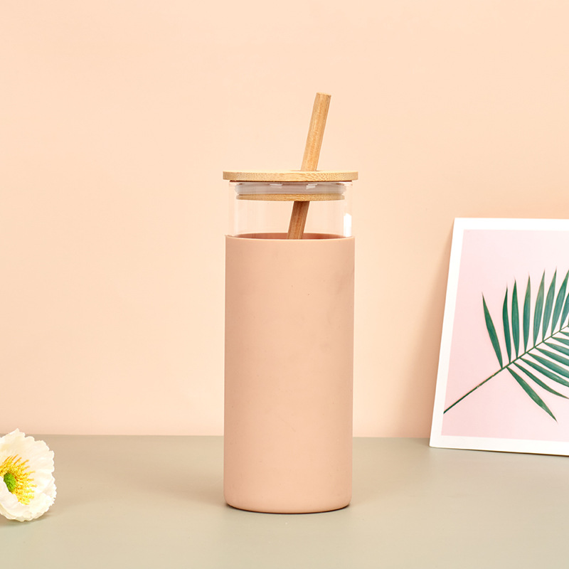 Vaso de vidrio con tapa de madera de bambú transfronterizo ins con pajita, copa de paja de vidrio de borosilicato de aislamiento térmico de una sola capa, patrón impreso