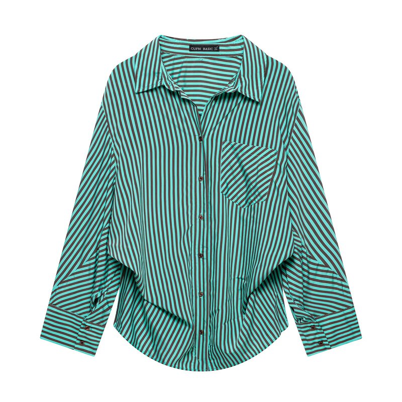 Myst&Za Cross-Border Foreign Trade Women's Clothing Raglan Sleeves, Lapel Collar, Drawstring Waist, Striped Loose Shirt 7484107 Myst&Za Cross-Border Foreign Trade Women's Clothing Raglan Sleeves, Lapel Collar, Drawstring Waist, Striped Loose Shirt 7484107