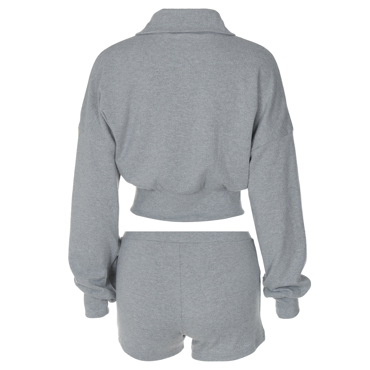 Women Autumn Polo Collar Long Sleeve Zipper Cardigan Sweater Ultra Short Tight Shorts Suit