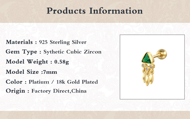 2g Weight 18K Gold Plated Plating Material Ear Studs Classification 1 Piece Quantity Holiday, Daily Occasion 925 Sterling Silver Material Triangle, Tassel Pattern Unisex Gender Casual, Simple Style Style 1 Piece Ear Cartilage Rings & Studs Casual Simple Style Triangle Tassel 925 Sterling Silver 18K Gold Plated 无
