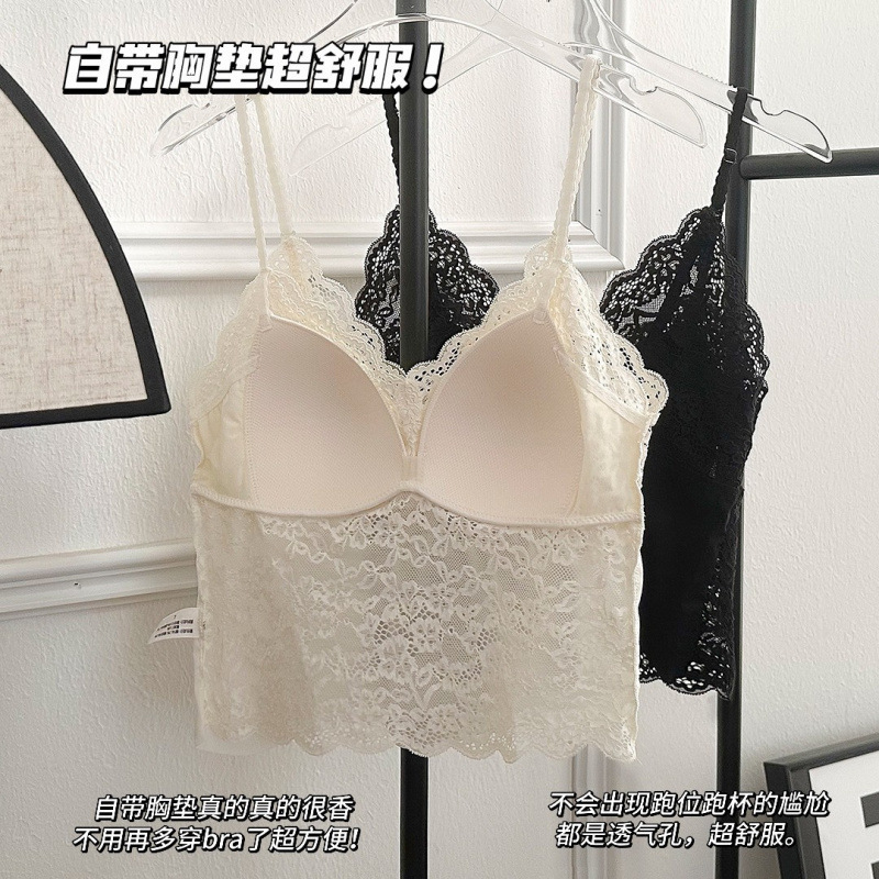 夏の新作フレンチレースブラジャー、ノンワイヤーで外でも着用可能、キャミソール風胸パッド入り、美背・背中見せデザイン|undefined