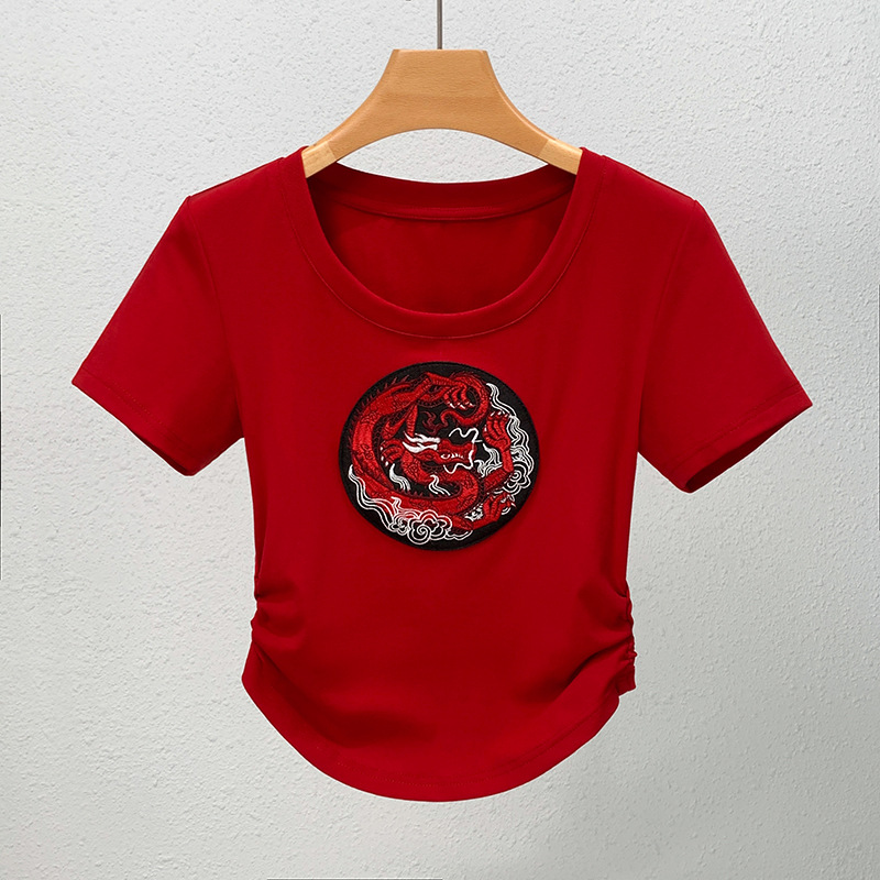 Camiseta de manga corta bordada de estilo chino para mujer verano 2025 nuevo estilo plisado cintura corta algodón camiseta curvada debajo de cien tops image 3
