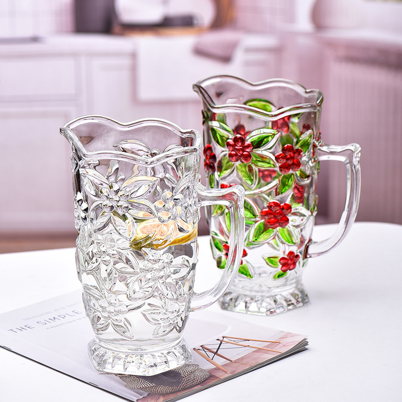 Conjunto de utensilios de agua domésticos, taza de agua de agua fría resistente al calor pintada a mano, vidrio transparente con cubierta