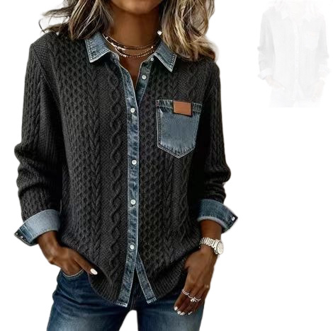 Damen-Hemdjacke aus Strick-Denim-Hybrid – Oversized-Langarmjacke mit Knopfleiste und Patchwork-Design, lässiges Layering-Teil für Herbst/Winter_voghion.com