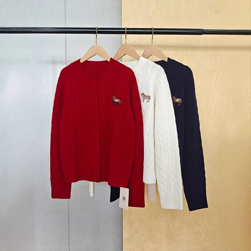 25Th Autumn and Winter New College Style Zodiac Women's Jacket Carousel Horse Embroidery Twisted Round Neck Wool Cardigan