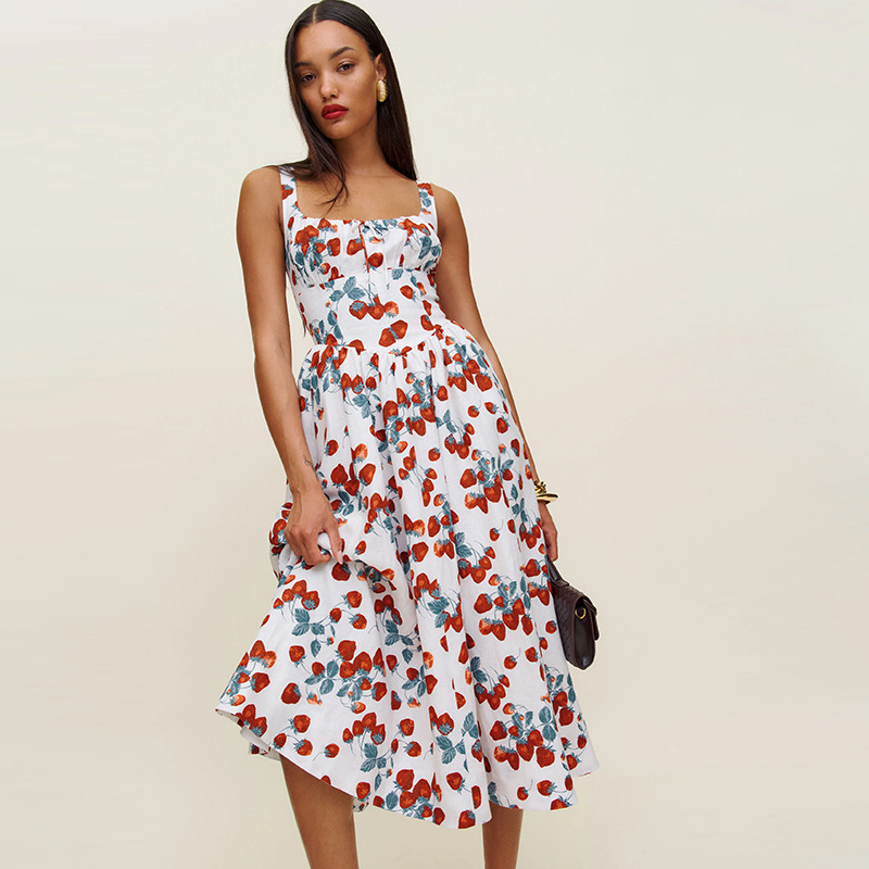 Spot 789 Summer New Style 2025 Linen Printed Strawberry Square Collar Mid-Length Resort Style Dress French Retro Spot 789 Summer New Style 2025 Linen Printed Strawberry Square Collar Mid-Length Resort Style Dress French Retro