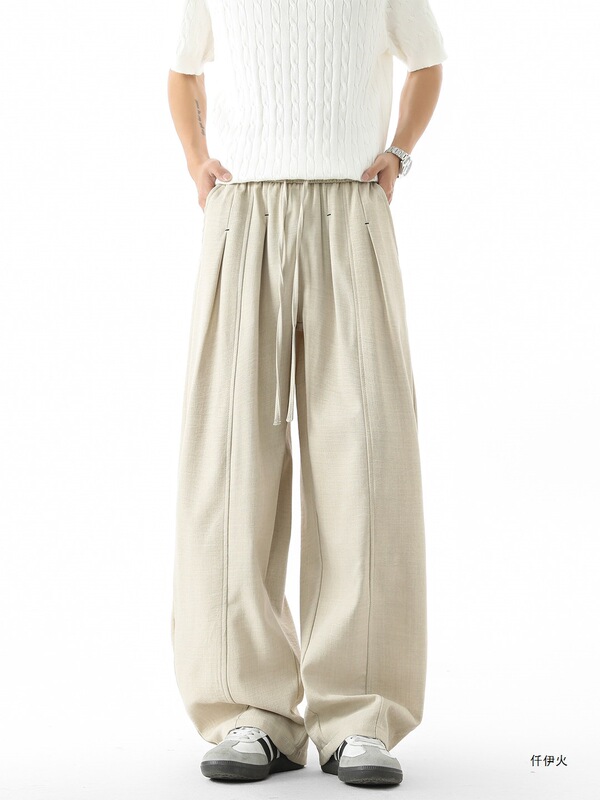 Loose Wide-Leg Pants with Stitching, Trendy Casual Pants for Men, Summer Thin Cotton-Linen Pants, Breathable Straight-Leg Pleated Linen Pants