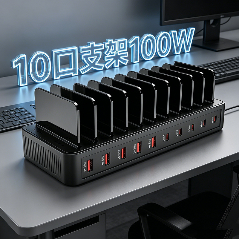 Cross-Border Multi-Port Charger with 10 USB Ports, Multi-Socket, Fast Charging for Mobile Phones, Integrated Stand, Desktop Charging Station