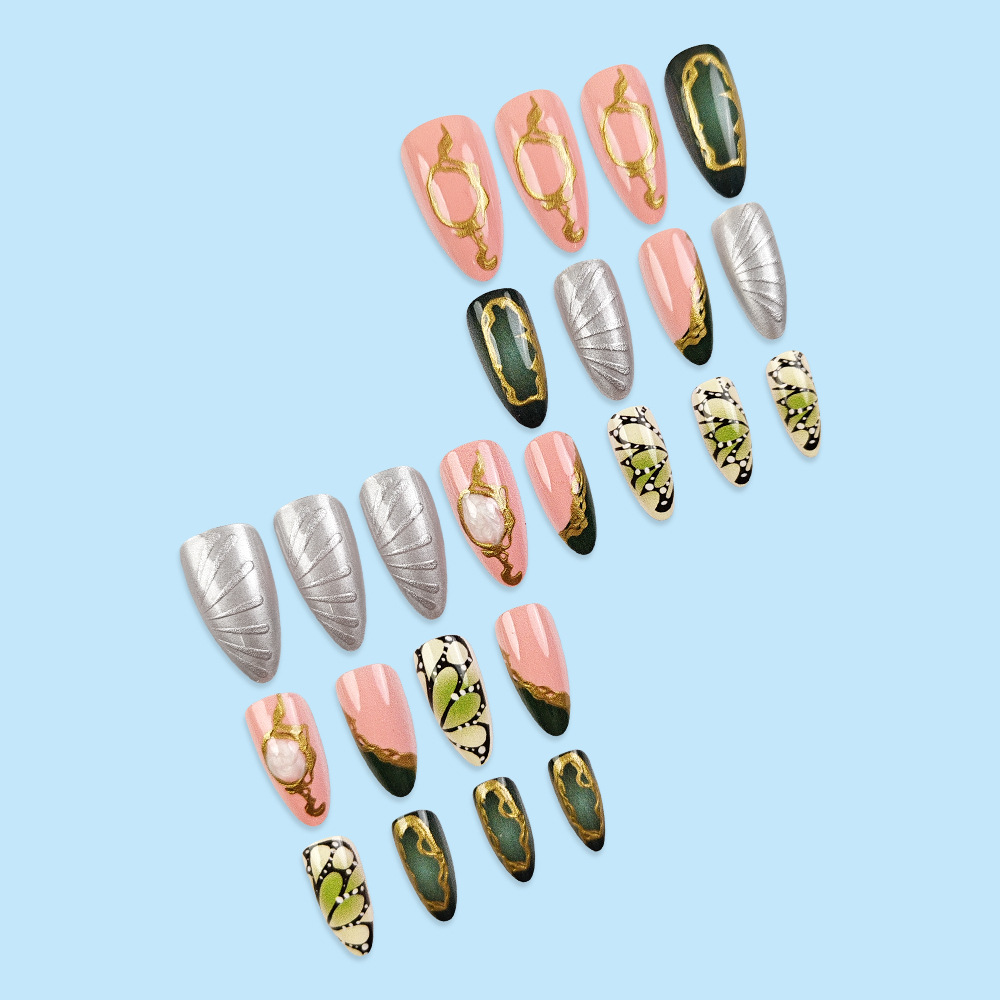 Transfronterizos estereoscopicos LIP dorado para usar uñas de almendras retrógradas sensación artística de belleza de uñas 24 piezas de parche de uñas falsas