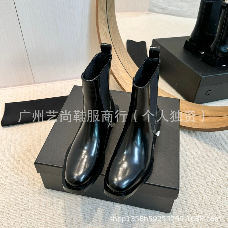 高版2025秋冬真皮圆头英伦复古方跟套筒马丁靴切尔西靴短靴单靴女|undefined
