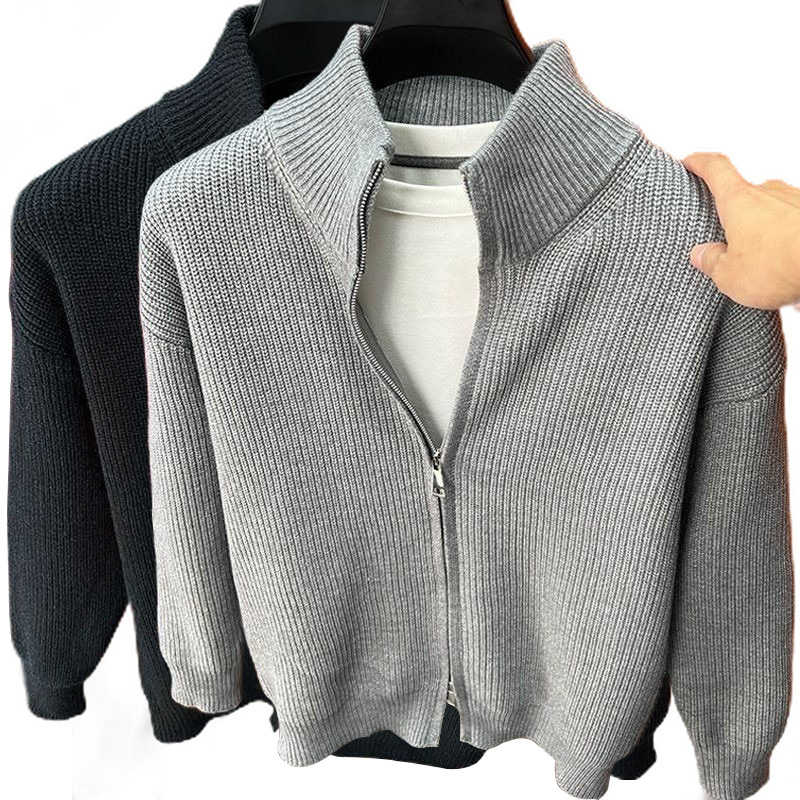 Explosiones transfronterizas de tamaño grande europeo cardigan suéter de cremallera sólida camisa de punto hombre chaqueta fábrica de cuello al por mayor