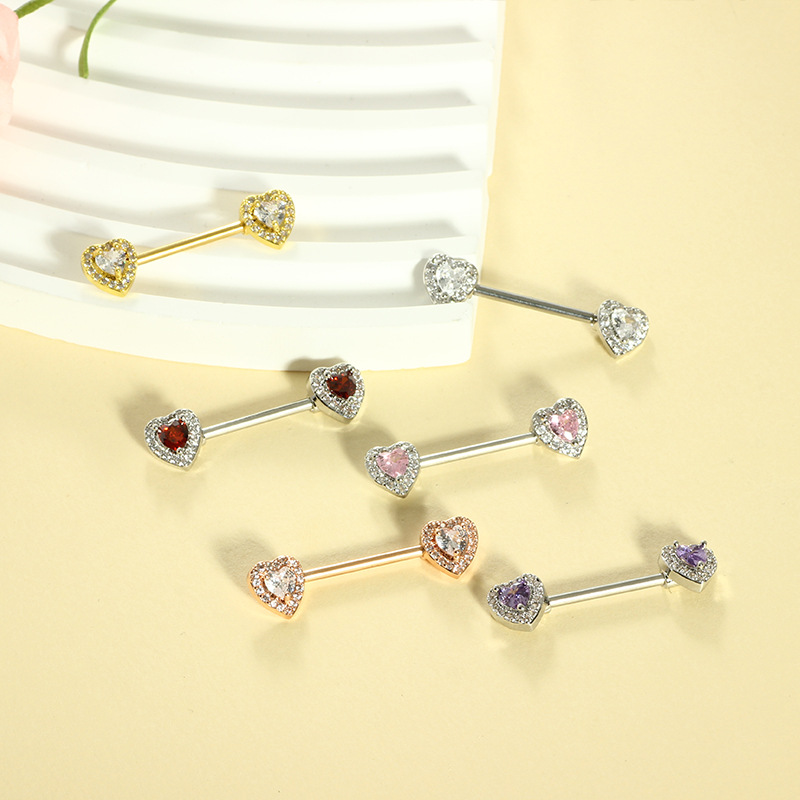 Cross-shaped Zircon Heart Breast Ring - 316L Surgical Steel Body Jewelry for Nipple, Ear, Tongue Piercing - Silver Red Gem Pair detail image 8