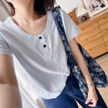 时尚先生~ 百搭韩版撞色扣子简约纯色宽松夏季薄款短袖T恤女Z