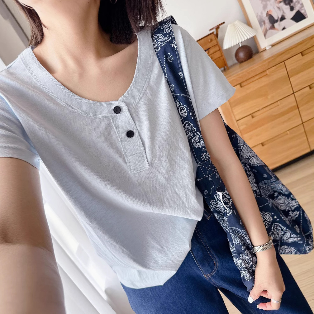 时尚先生~ 百搭韩版撞色扣子简约纯色宽松夏季薄款短袖T恤女Z