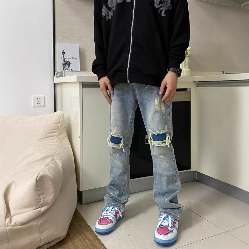 American High Street Personalized Jeans with Zipper, Frayed Raw Edges, Tassels, Hip-Hop Design, Winter Straight Slim Pants