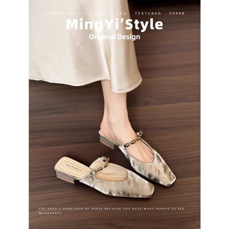 Sheepskin Version ~ Summer Heelless Square-Toe Mule Shoes, Toe-Cap Sandals and Slippers for Women, Summer Outer Wear, Thick-Heeled Half-Slip Shoes for Women