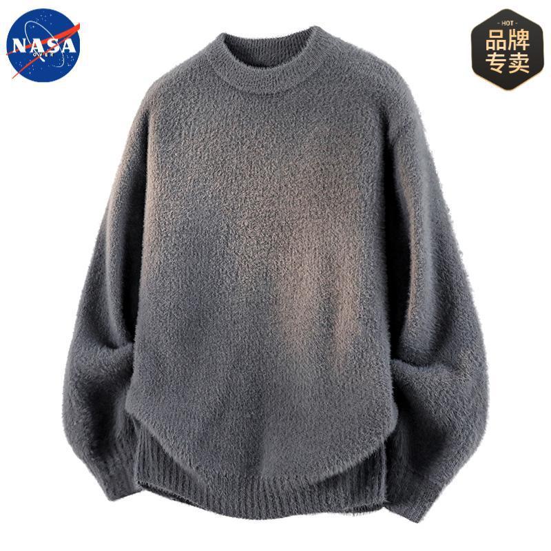 NASA品牌高质量仿貂毛针织衫圆领长袖毛衣男士秋冬季保暖加厚上衣|undefined