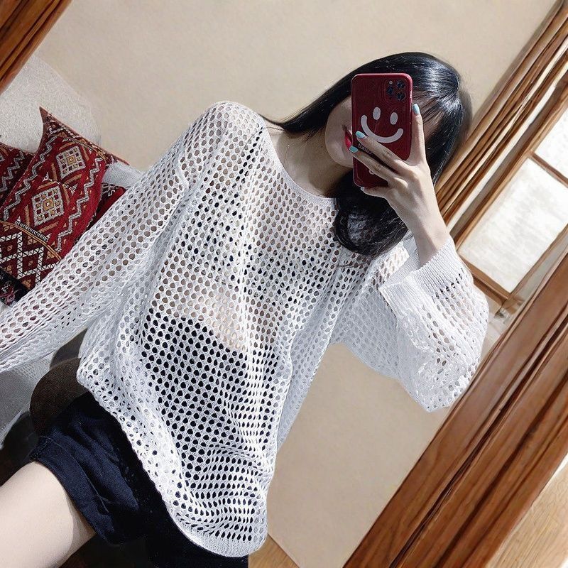 150kg Plus Size Hollow Out Sweater for Women, Black Fishnet Top, Loose Knit Pullover for Plus Size Women