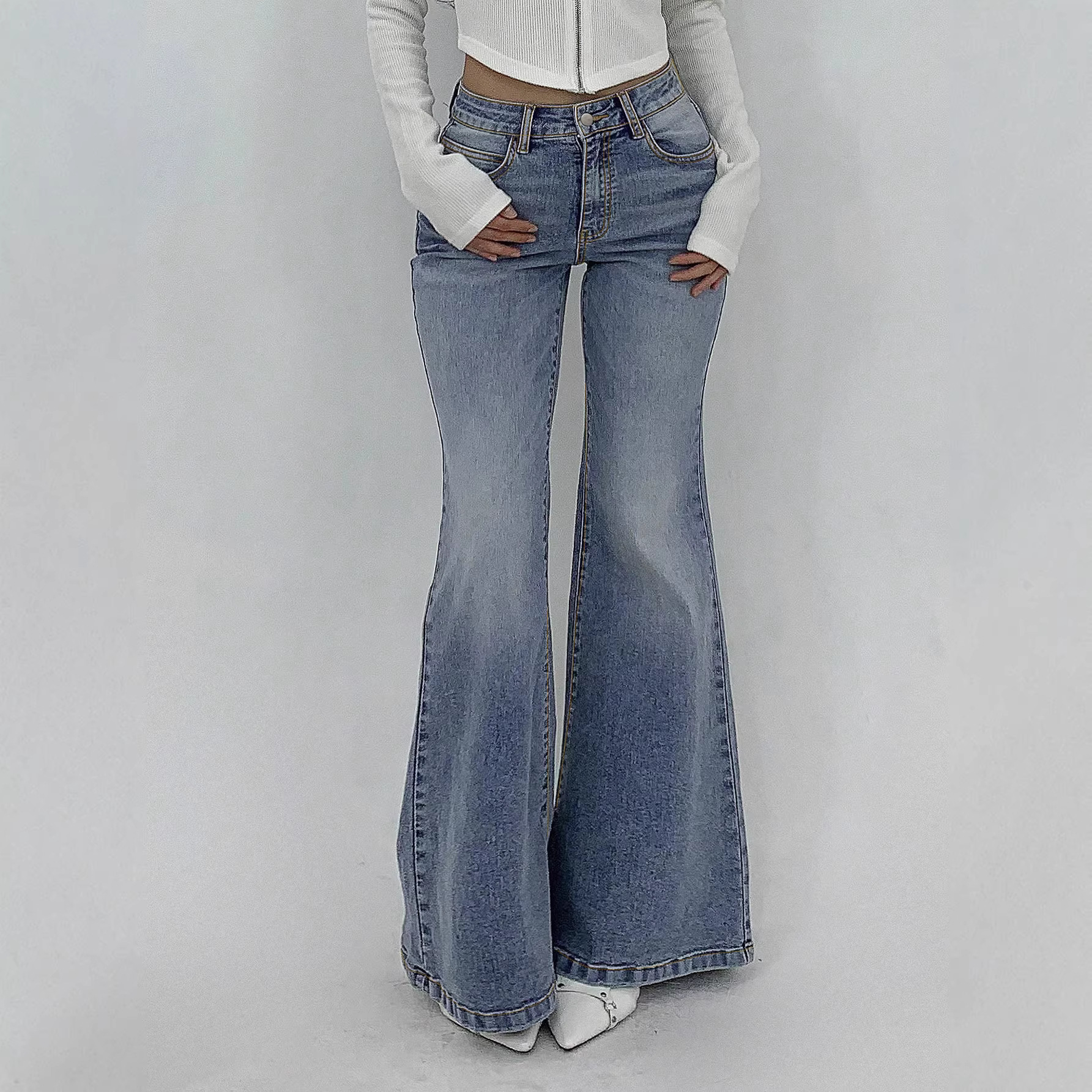 Women's Clothing High Waisted Flared Jeans, Street Style, Stretchy Slim Fit, With Pockets, Slightly Flared._ecoleips.com
