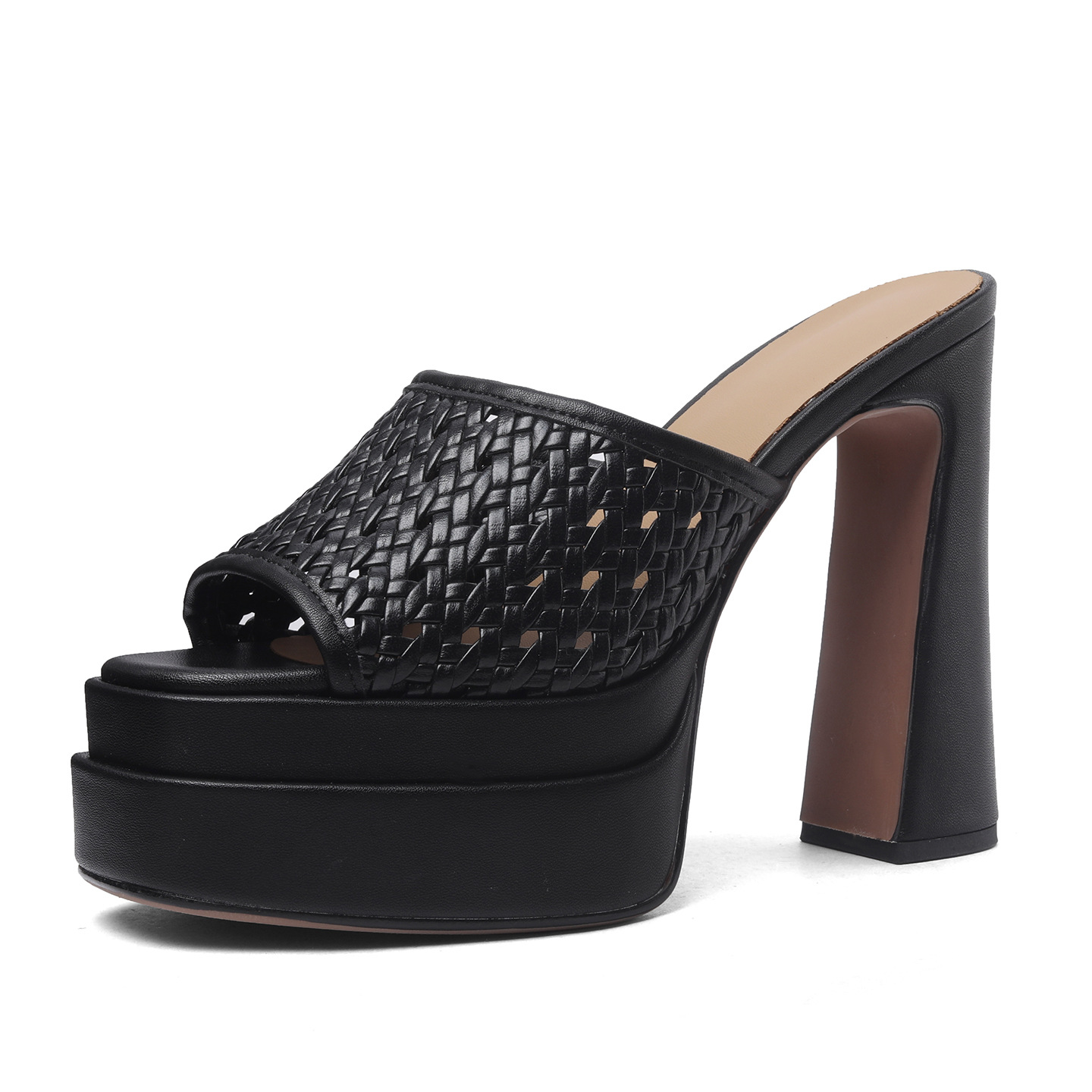 Sandal cao gót nữ hở mũi đế xuồng da thật gót 13 cm — màu đen, màu trắng ngà