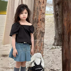 女童韓國童裝2024夏季新款兒童高品質黑色上衣設計感不規則襯衣潮