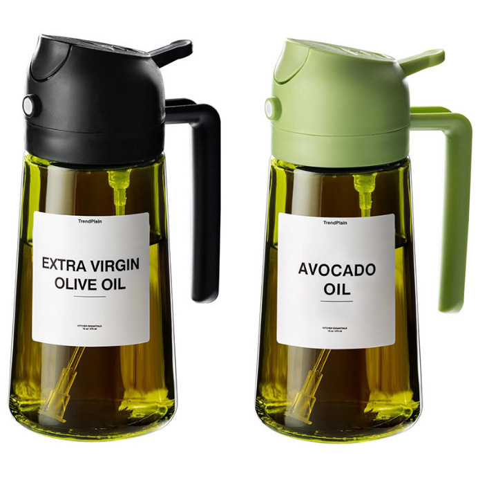 Botella de aceite de vidrio de dos propósitos, botella de aceite de atomización de cocina de apertura y cierre automático, etiqueta personalizada