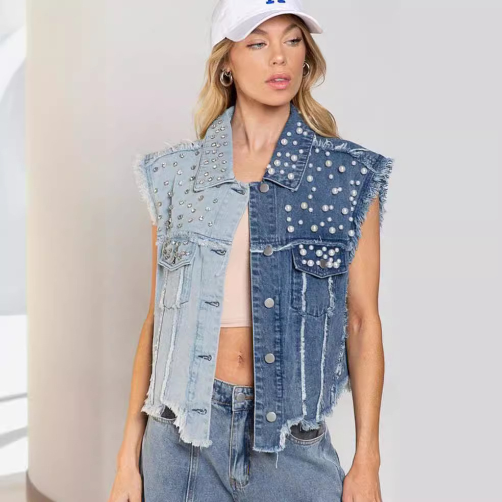 Chaleco de mezclilla 23 años europeo y americano transfronterizo comercio exterior de Amazon empalme cuentas suelta mujer chaqueta de mezclilla corta 3285 image 2