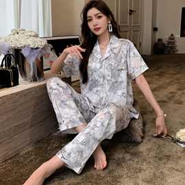 冰丝睡衣女春夏季短袖袖开衫套装可外穿大码洋气网红印花家居服秋