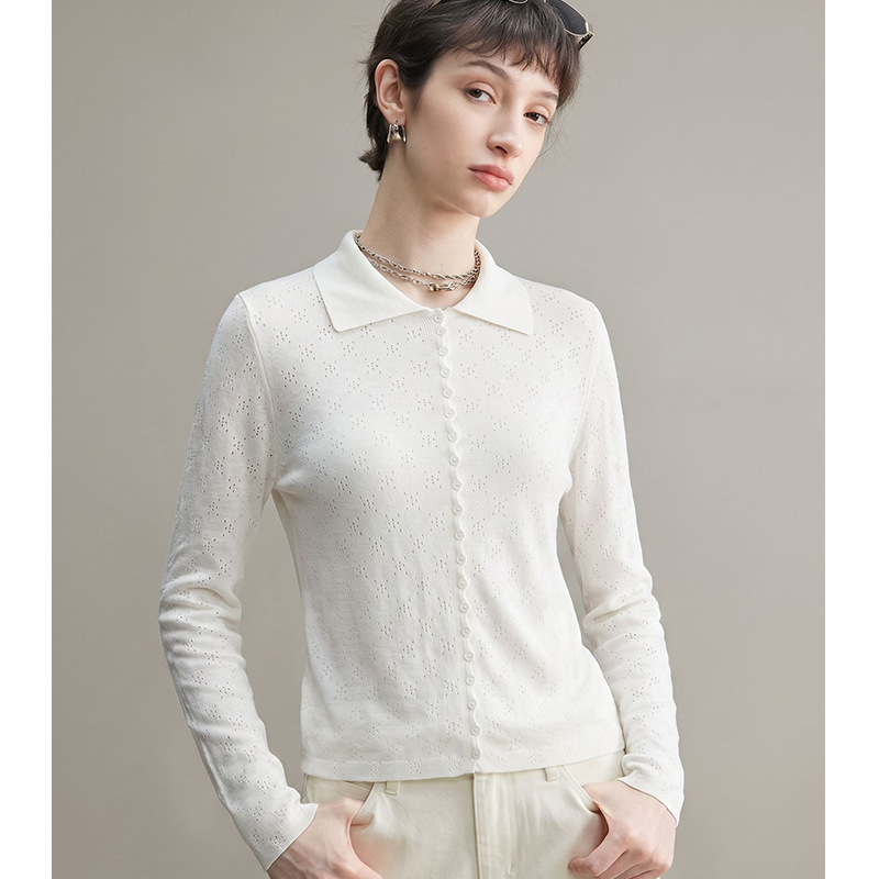 [Ed Order] 2026 New High-End French-Style Off-White Collared Knit Sweater with Mesh Wave Edge Design for Women