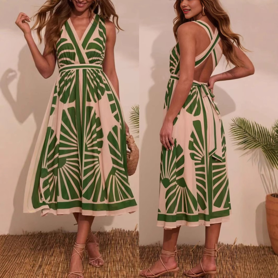 2025 Cross-Border Foreign Trade European And American Women's Clothing V-Neck Sleevel Bohemian Printed Long_ecoleips.com