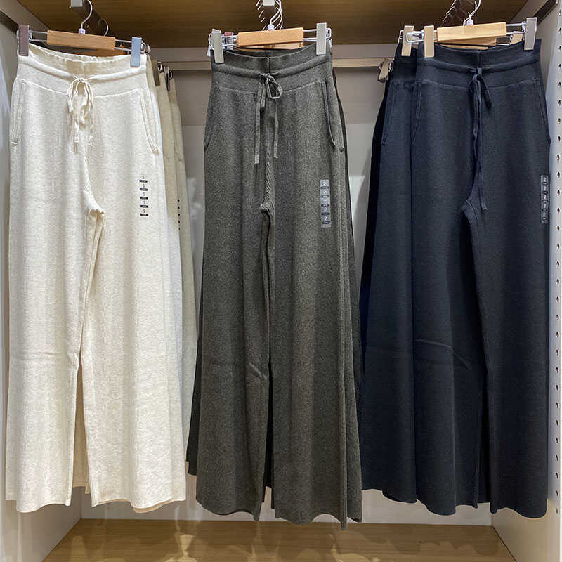 New Women's Autumn Casual Soft Rib Knitted Trousers Loose Wide Leg Straight-Leg Casual Pants 470173