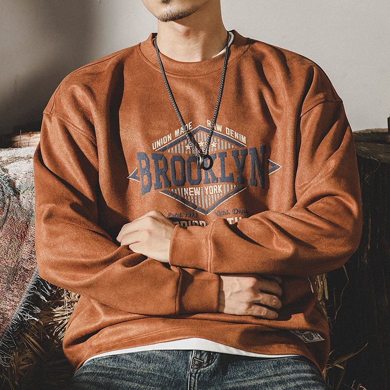 Moletom masculino retrô americano em camurça, modelagem folgada, marca moderna, gola redonda, manga longa, blusa masculina, jaqueta, camiseta._voghion.com