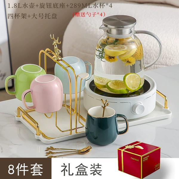 (Gift box) Mechanical base + 1.8L round pot + 4 mixed color cups + golden deer cup holder + golden spoon on tray