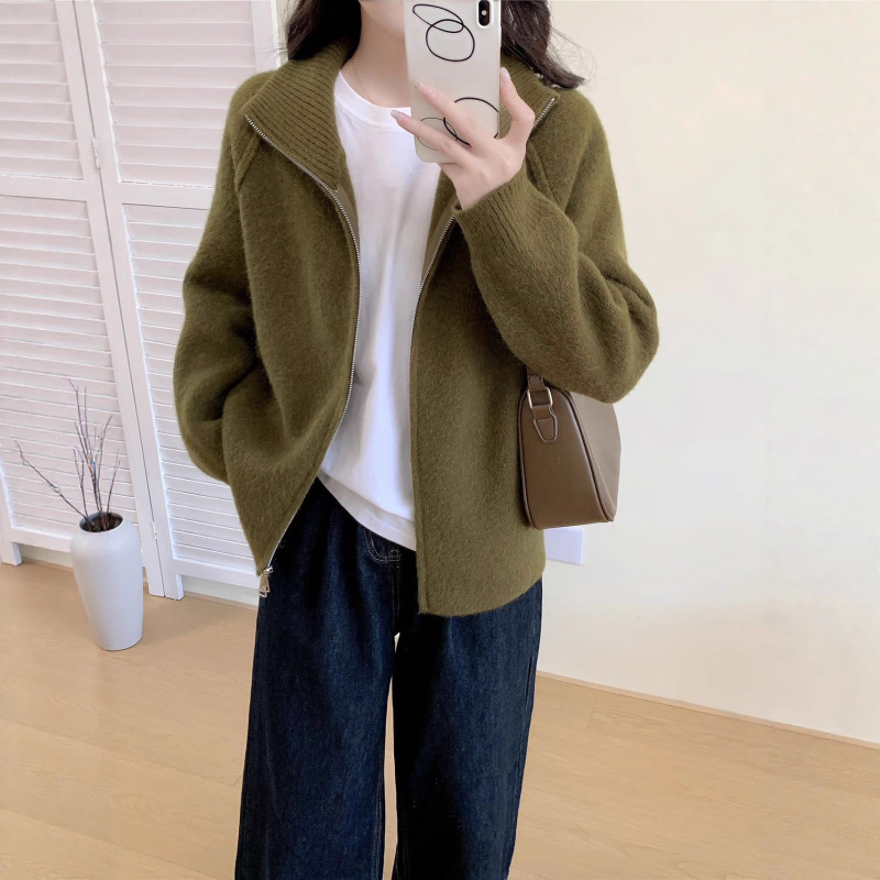 韩版经典毛衣外套秋冬新品女装高级感宽松简约拉链针织开衫上衣|undefined