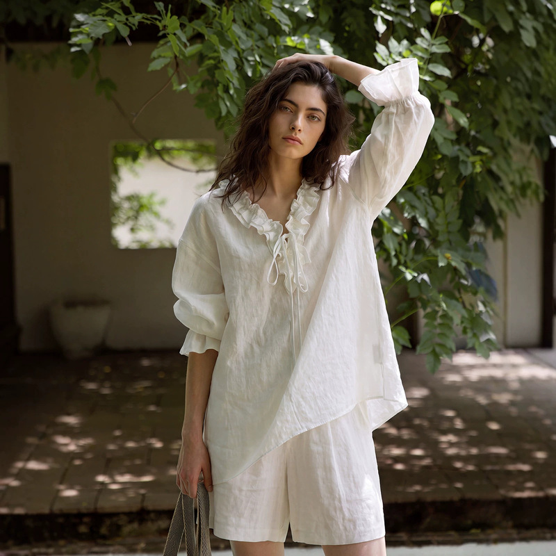 French-Style Lazy Chic Ruffled Linen Shirt for Women, 2026 New Model, Hand-Tied Loose V-Neck Top