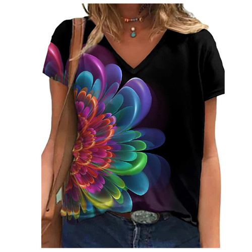 Summer eBay 3D digital printing V-neck women's loose fit women's T-shirt European and American milk silk