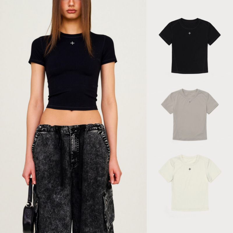 Smfk Body Shaping Skin Short Tee Cross Flower Hot Girl Slim Round Neck Short Sleeve T-Shirt Bottoming Shirt 025 Summer Smfk Body Shaping Skin Short Tee Cross Flower Hot Girl Slim Round Neck Short Sleeve T-Shirt Bottoming Shirt 025 Summer