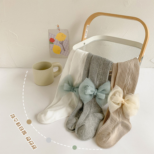 Children's pantyhose baby spring and autumn baby leggings gauze bow striped body stockings girls leggings wholesale