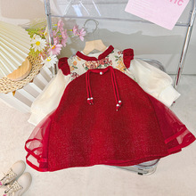 童装批发2024冬装新款女宝宝公主连衣裙红色女宝儿童国风套装裙子