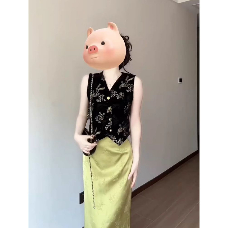 新中式国风夏季新款黑色刺绣马甲高腰半身裙绝美复古套装女两件套|undefined