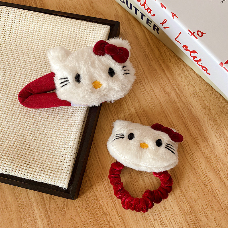 可爱红kt猫掰掰夹发圈毛绒HelloKitty蝴蝶结发夹少女BB夹卡通发饰|undefined