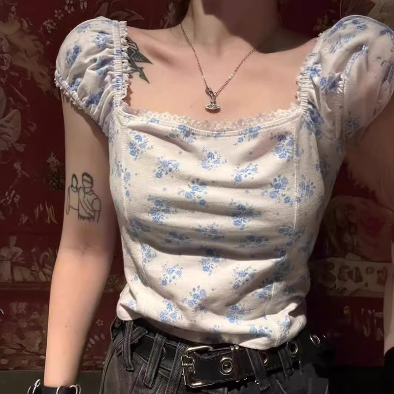 2024 New Summer Style Little Seagull Summer Short Slim Fit One-Line Collar Floral T-Shirt Lace Trim Top