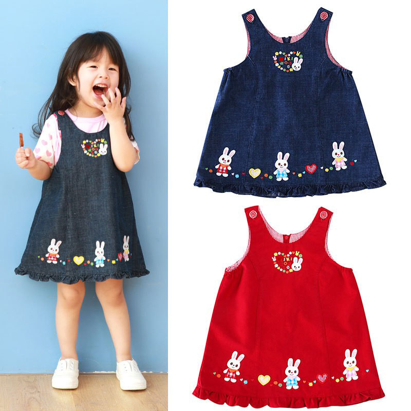 Children's clothing children's skirt cartoon embroidery love rabbit Denim strap skirt baby dress a generation of hair