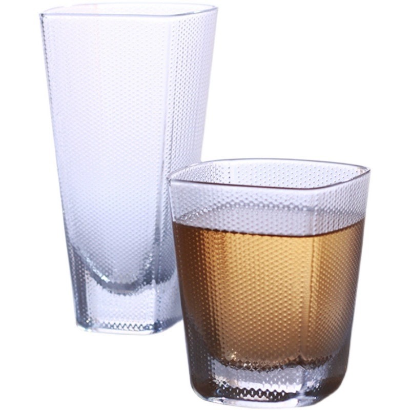 Simple tela a cuadros taza de cristal cuadrado grueso Fondo cristal Polka Dot patrón alto corto transparente hogar taza de agua