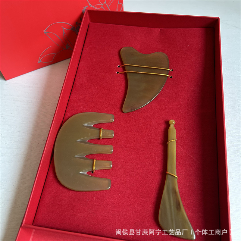 Horn Gua Sha Head Massage Tool Set 3 Piece Guasha Scraping Board for Scalp and Face Care Gift Box key features