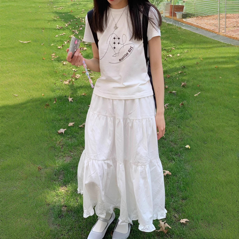Japanese Style Cake Long Skirt Cute Vigilous Girl White Lace Design Long Skirt Academic Style Skirt Women
