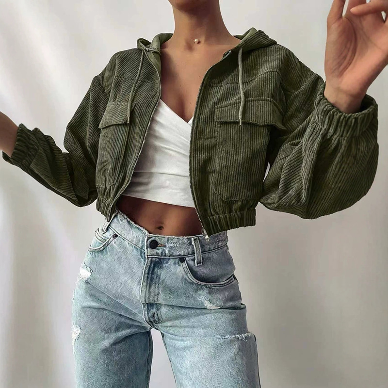 European and American Style Corduroy Hooded Drawstring Zipper Puff Long-Sleeved Short Jacket European and American Style Corduroy Hooded Drawstring Zipper Puff Long-Sleeved Short Jacket