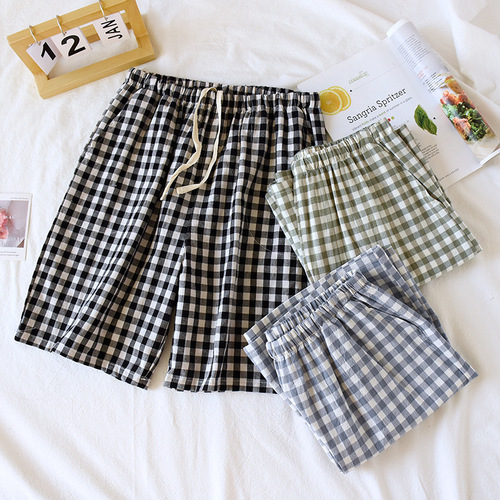 Men's pure cotton summer thin loose home comfort simple checkered home pants plus size beach pants