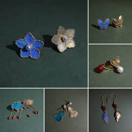 热销diy点翠底胎S999纯银耳钉胸针天然珍珠红玛瑙耳饰手工胎底