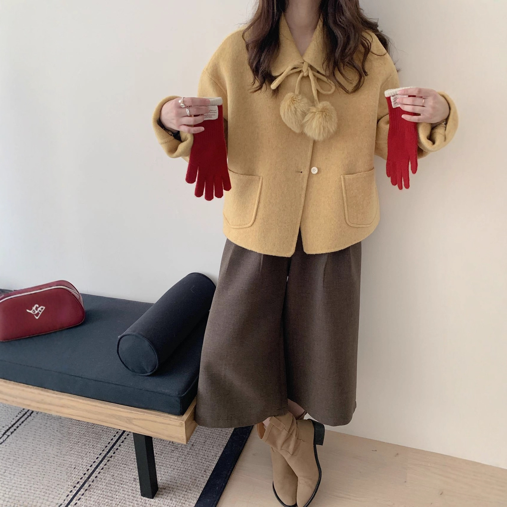 2025秋冬韩版小个子圆领系带毛球双面羊毛大衣女减龄百搭毛呢外套